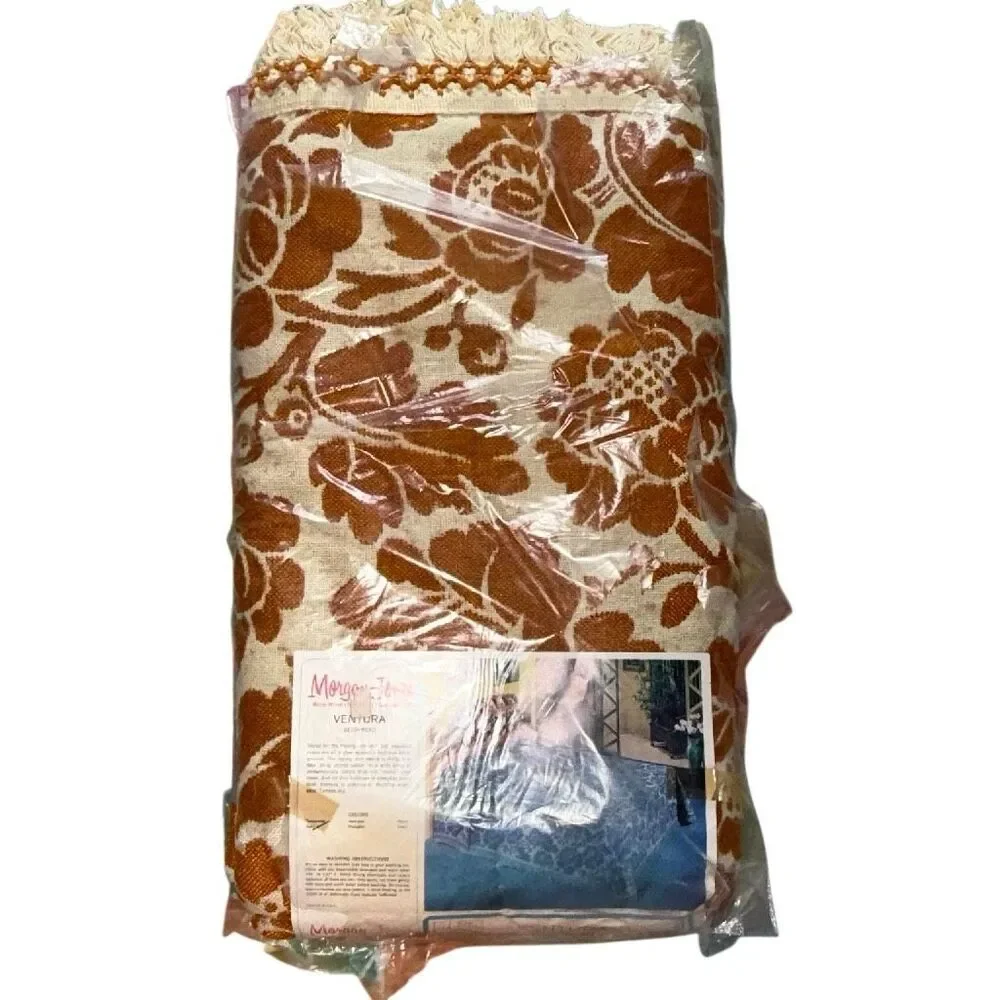 Vintage NOS Deadstock Morgan-Jones Ventura Bedspread Full Gold Floral Fringe
